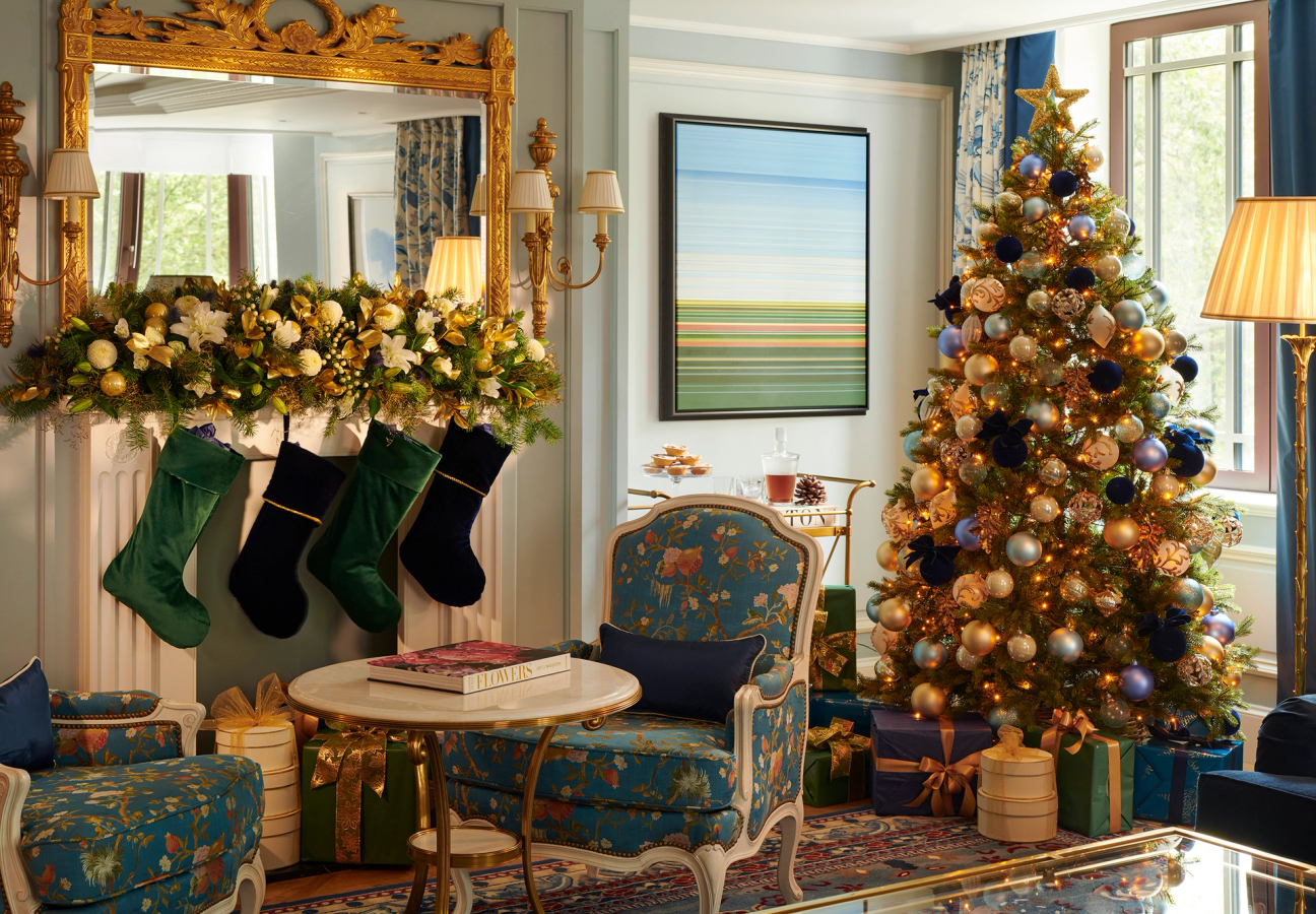 Living room decorated with Christmas stockings and tree at the Dorchester