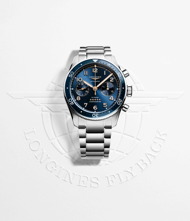 The front of a Longines Spirit Flyback watch with stainless steel bracelet