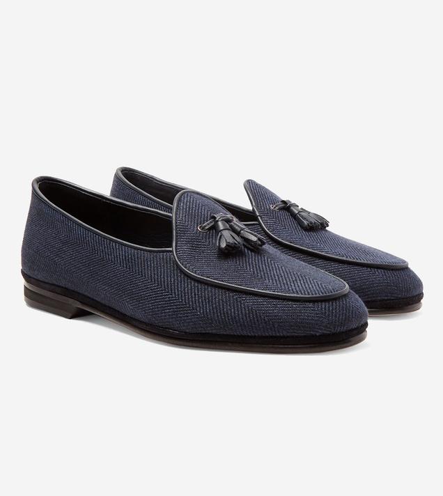 Rubinacci Blue Marphy Leather And Suede-Trimmed Herringbone Linen Tasselled Loafers
