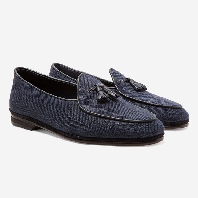 Rubinacci Blue Marphy Leather And Suede-Trimmed Herringbone Linen Tasselled Loafers