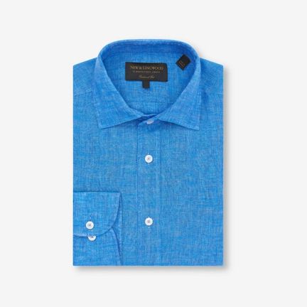 New & Lingwood Blue Tailored Fit Linen Shirt