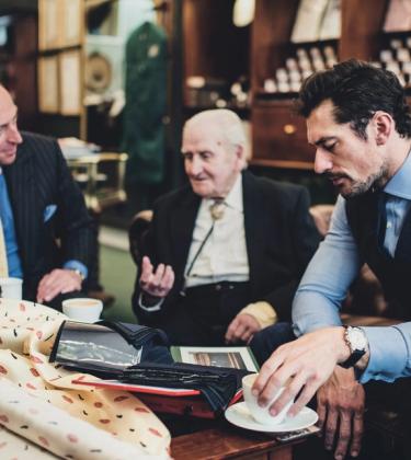 Inside Henry Poole Norman Dewis OBE, David Gandy and Simon Cundey gather to look at fabrics