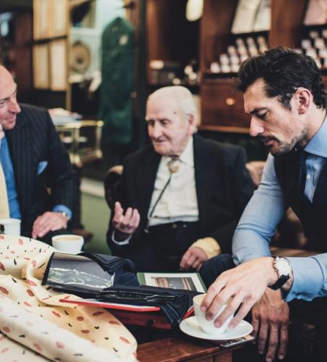 Inside Henry Poole Norman Dewis OBE, David Gandy and Simon Cundey gather to look at fabrics