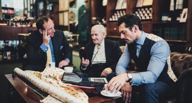 Inside Henry Poole Norman Dewis OBE, David Gandy and Simon Cundey gather to look at fabrics