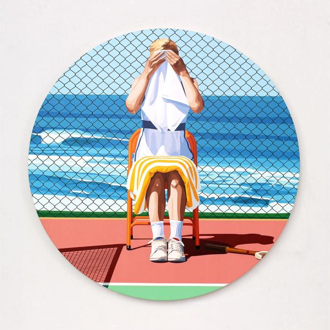 Will Martyr piece "Cool Off" depicting a woman sat on the side of a tennis court holding a towel over her face.