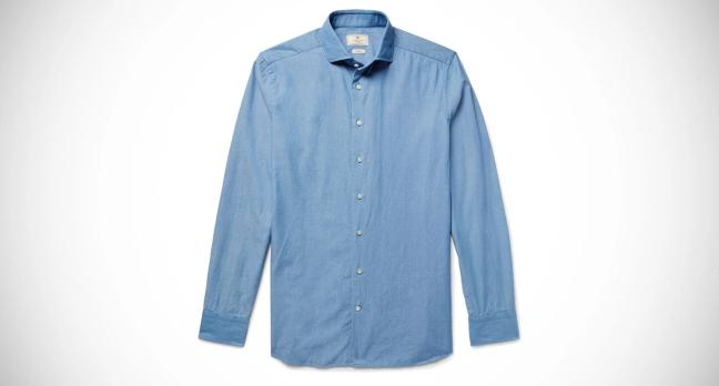 Hackett London Slim-Fit Cutaway-Collar Textured-Cotton Shirt in light blue