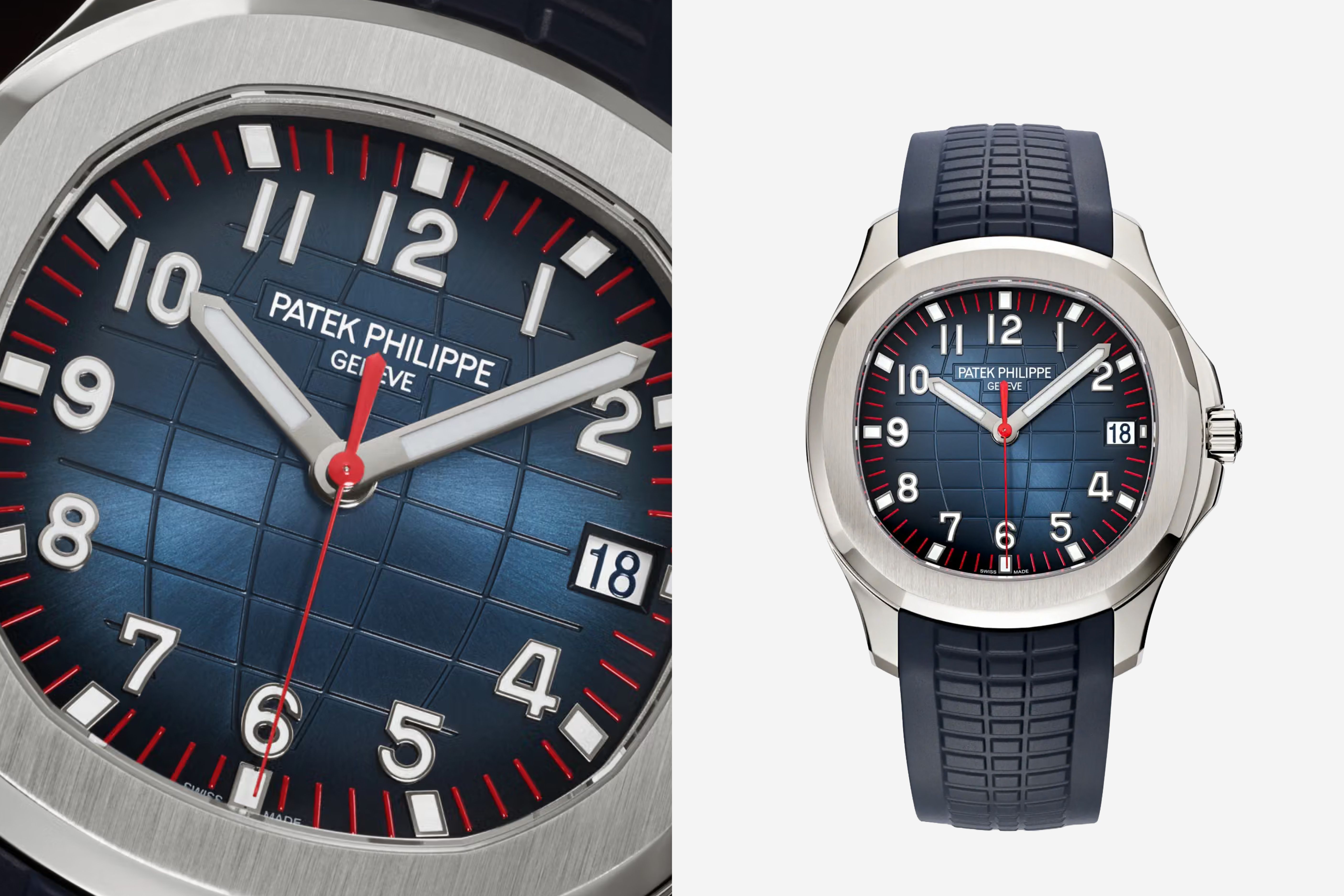 El Aquanaut edición Milán combina una esfera azul con acabado rayos de sol y detalles en rojo, mostrada tanto en su conjunto como en detalle.