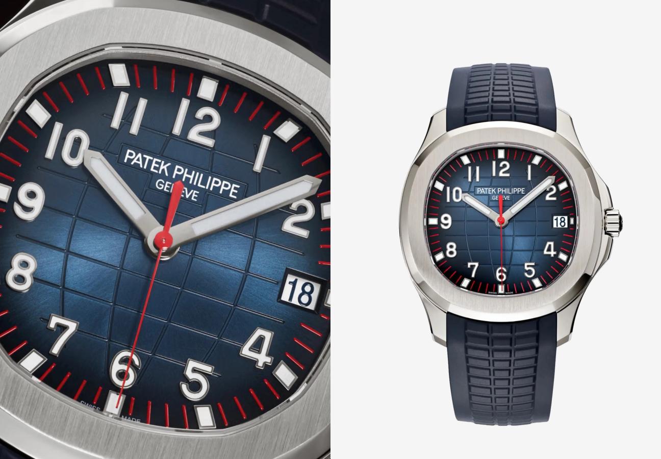 El Aquanaut edición Milán combina una esfera azul con acabado rayos de sol y detalles en rojo, mostrada tanto en su conjunto como en detalle.