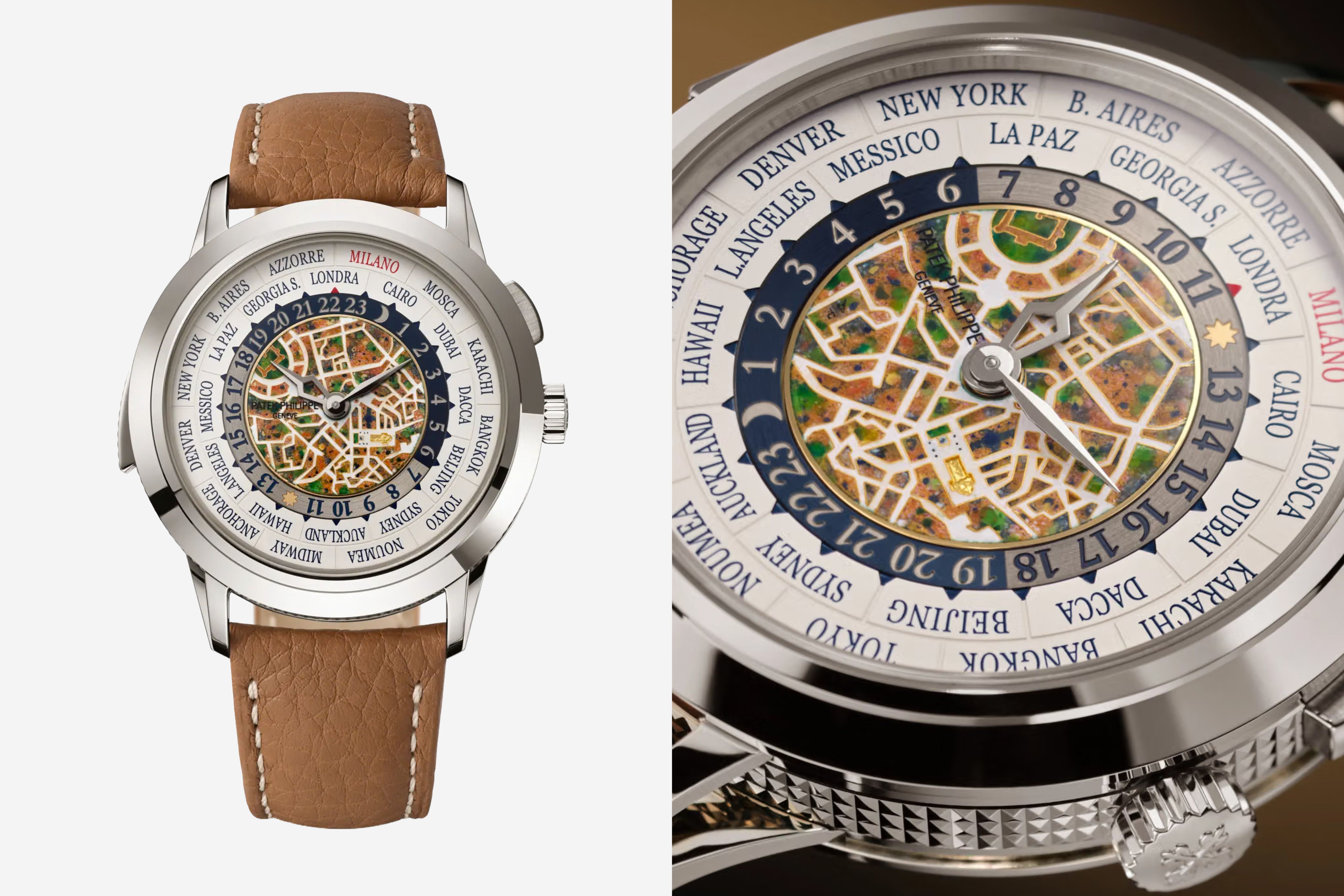 El repetidor de minutos con hora universal representa el centro de Milán de día en esmalte cloisonné, Ref. 5531G-012.