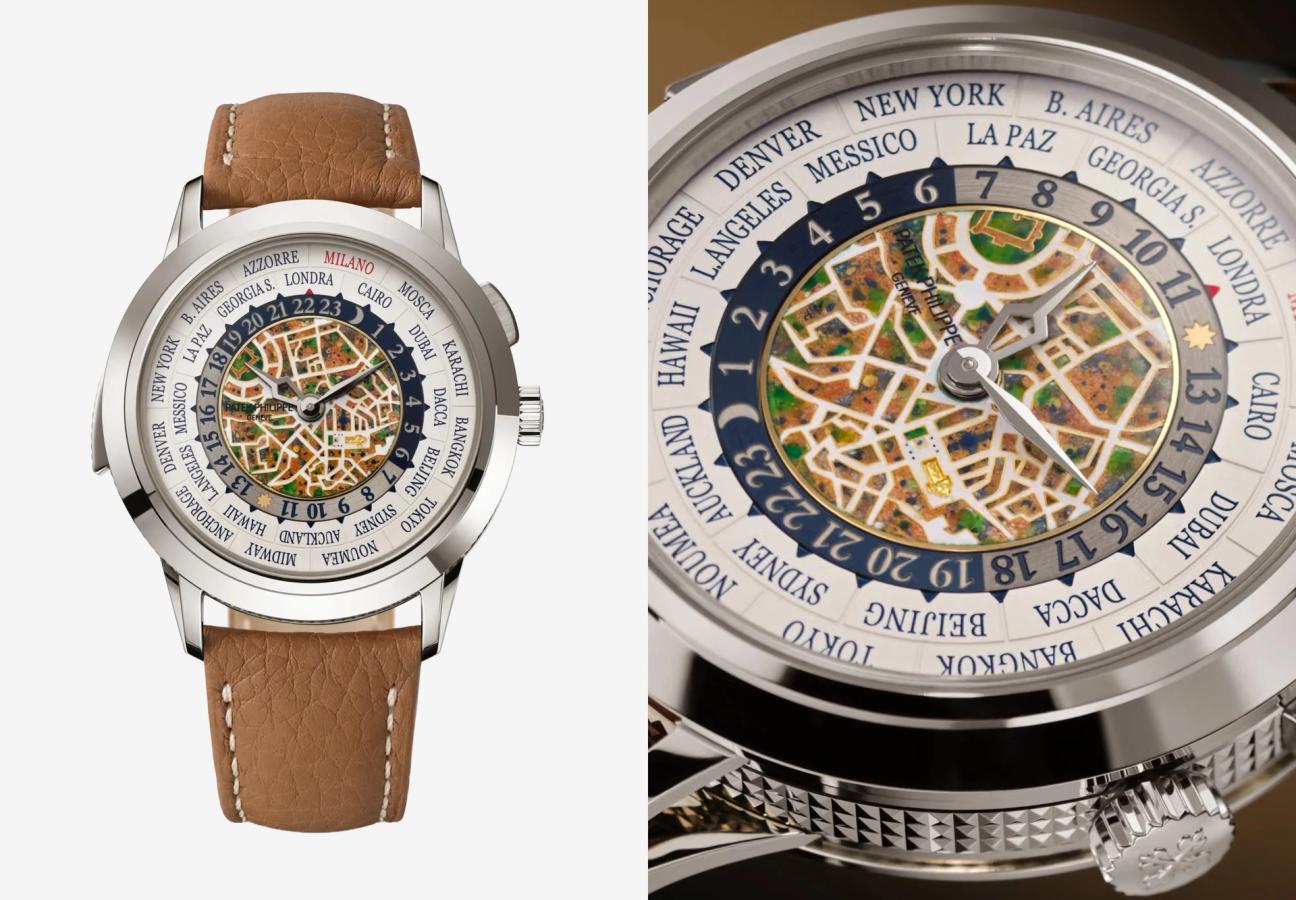El repetidor de minutos con hora universal representa el centro de Milán de día en esmalte cloisonné, Ref. 5531G-012.