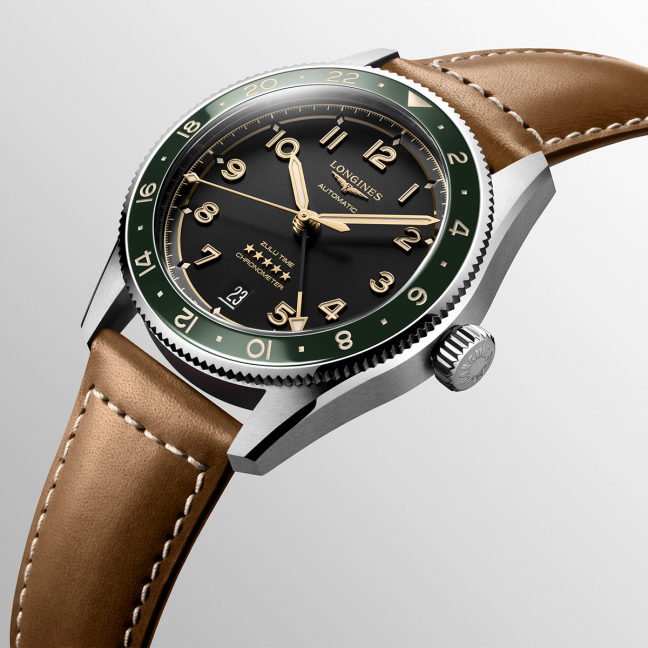 Longines Spirit Zulu Time watch at an angle with brown leather strap