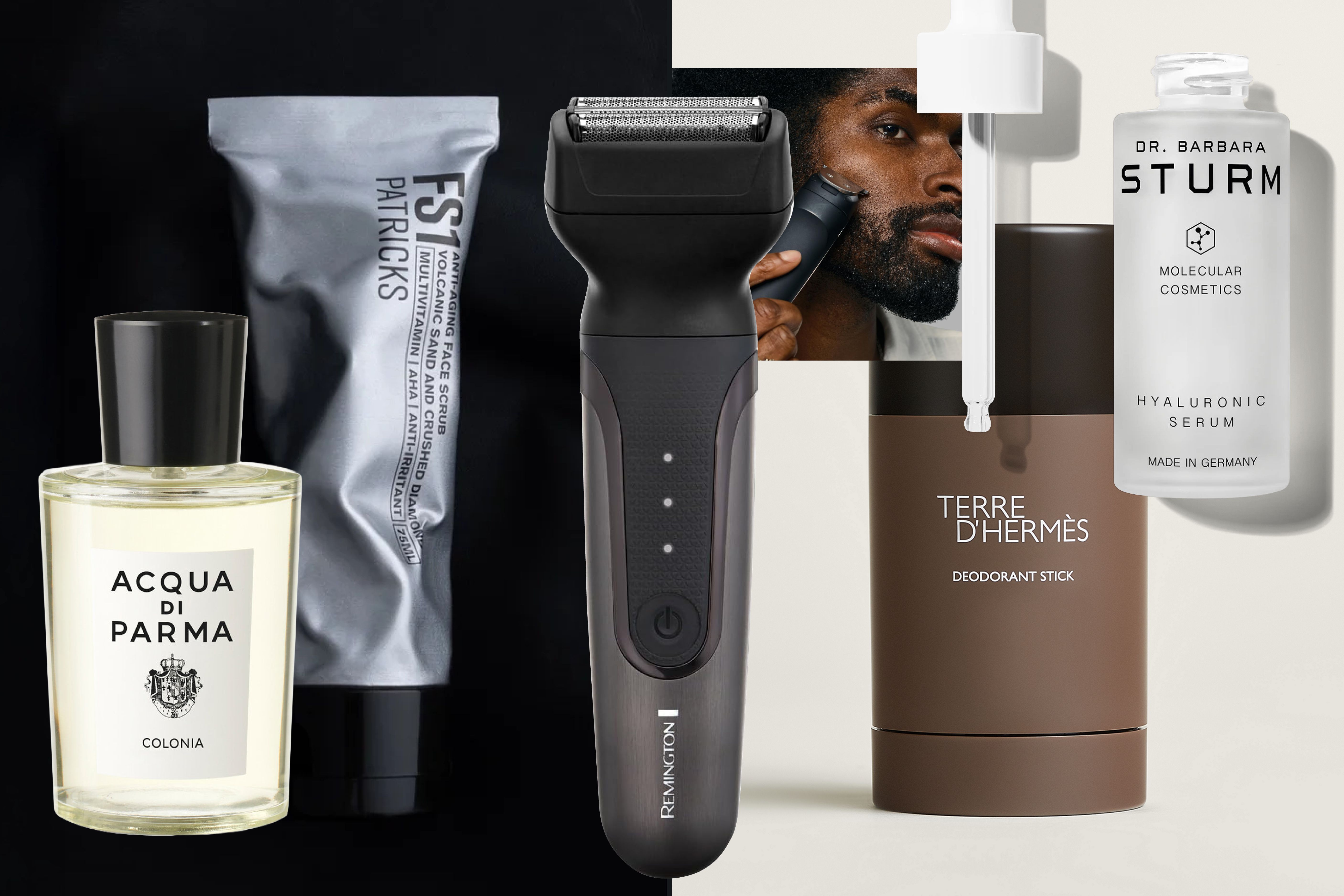 Grooming products from Remington, Acqua di Parma, Dr. Barbara Sturm, Hermès and Patricks
