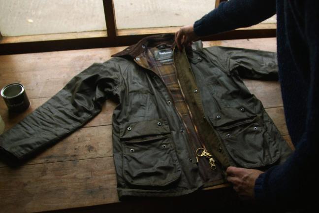 A Barbour waxed canvas jacket is rewaxed