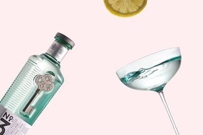 A Bottle of No. 3 London Dry Gin with a full martini glass and a slice of lemon