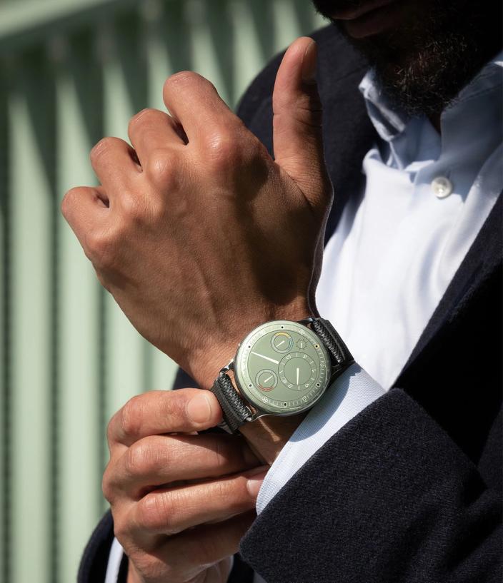 Ressence Type 3 EE in Eucalyptus Green on persons wrist