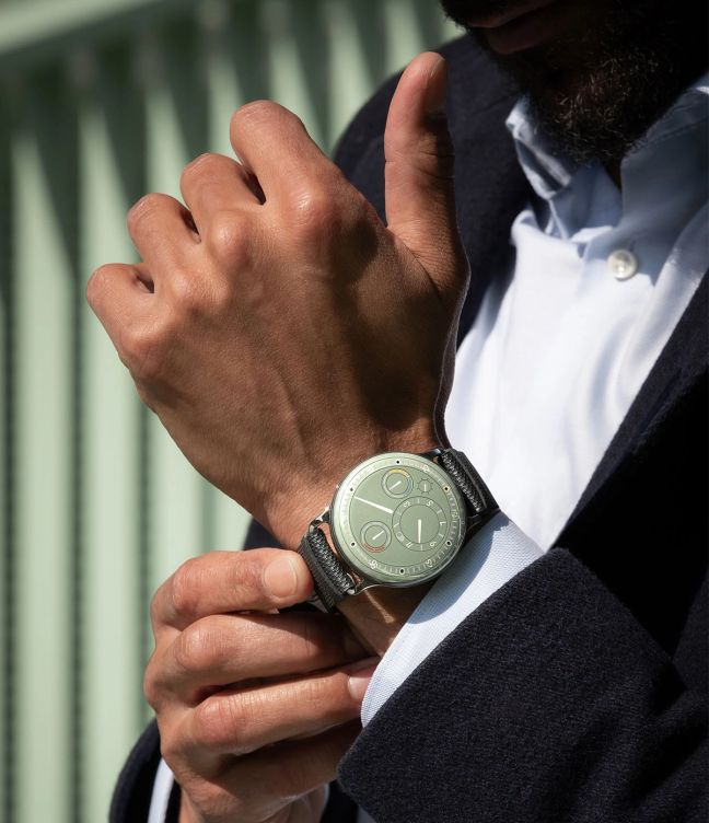 Ressence Type 3 EE in Eucalyptus Green on persons wrist