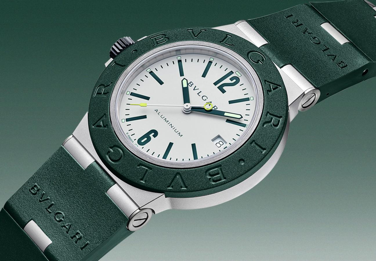Bvlgari Aluminium Match Point Edition watch face in green and white