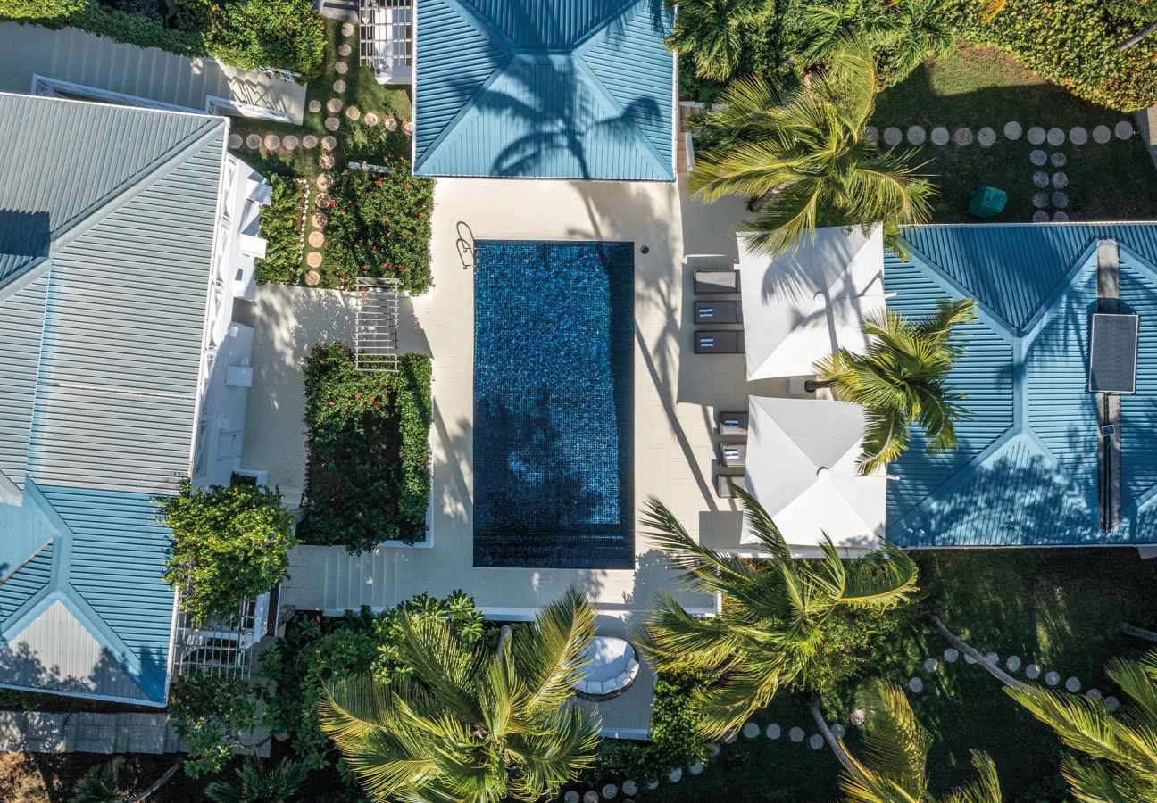 Aerial shot of villa and the pool in Mustique