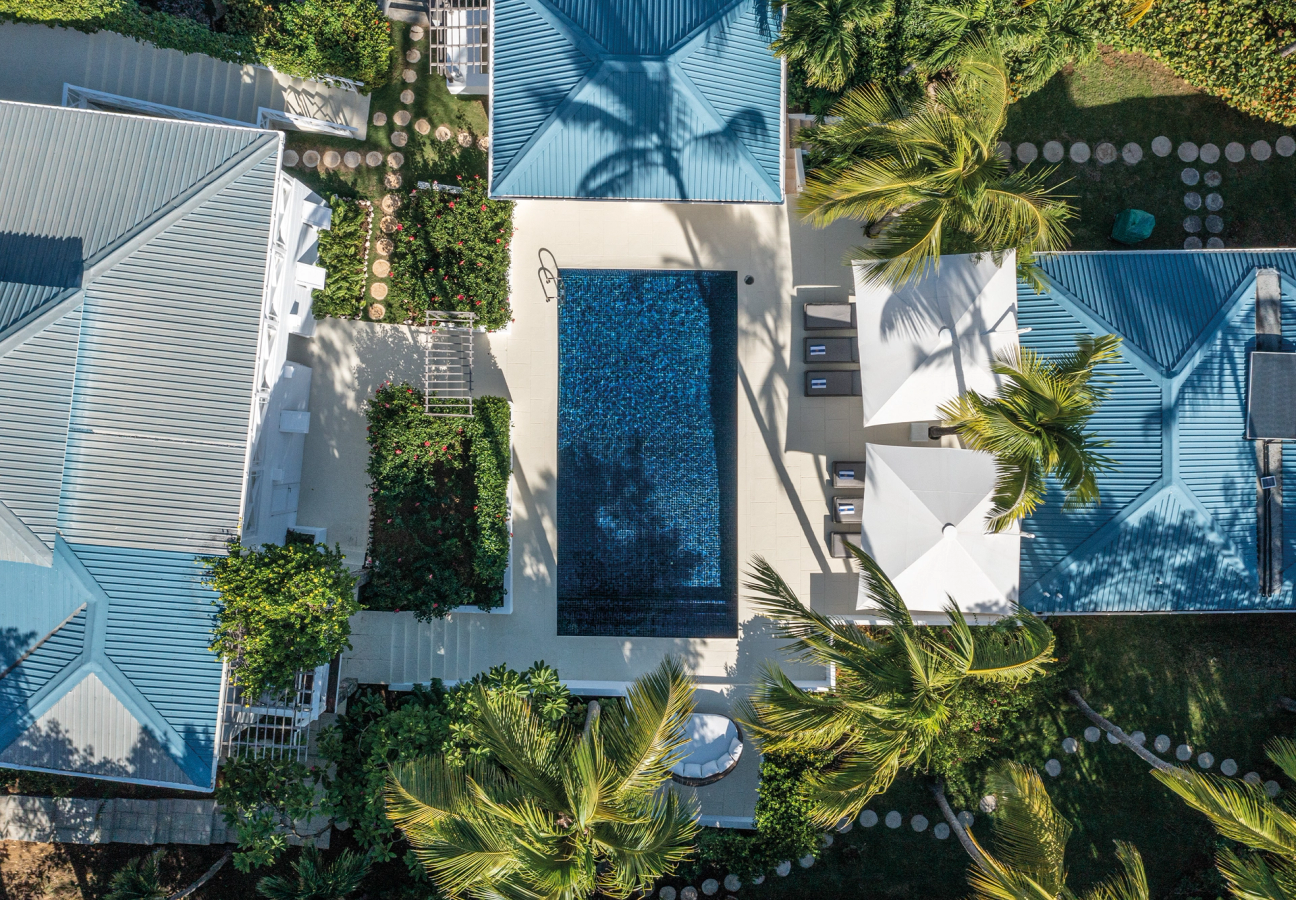 Aerial shot of villa and the pool in Mustique