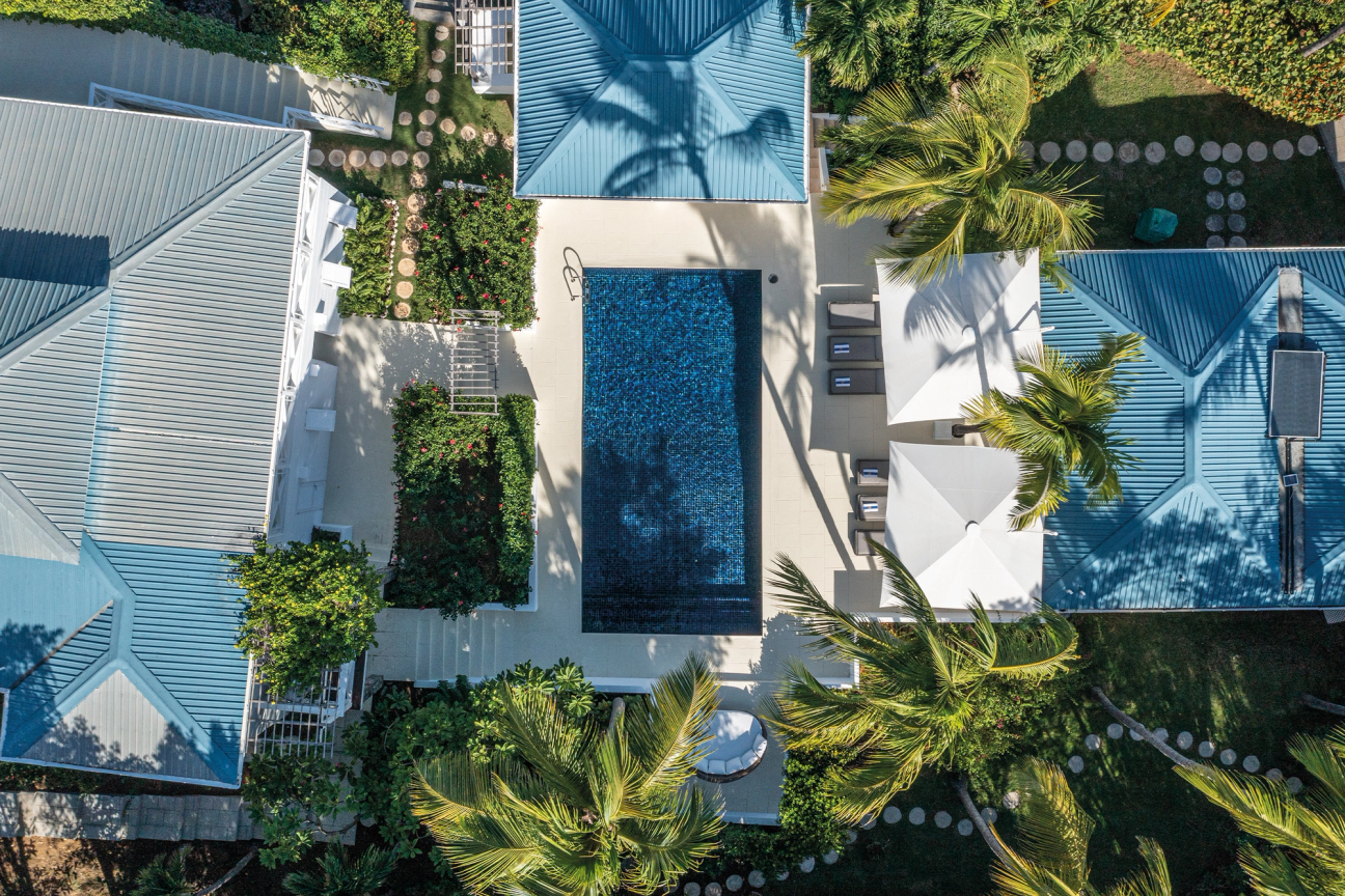 Aerial shot of villa and the pool in Mustique