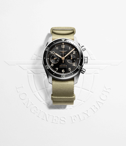 The front of a Longines Spirit Flyback watch with fabric strap