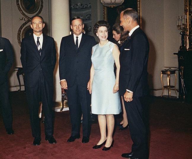 1969 - Queen Elizabeth with US astronauts Neil Armstrong, Michael Collins and Edwin 'Buzz' Aldrin. (AP)