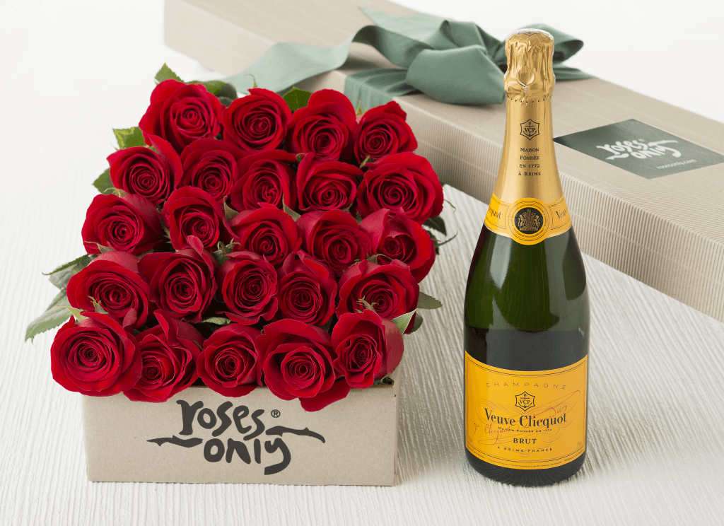 24 red roses gift box and Veuve Clicquot
