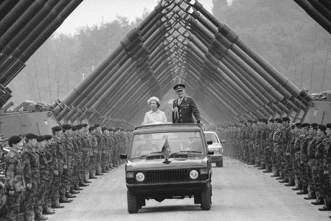 1984 - Queen Elizabeth inspects the Royal Regiment of Artillery in Dortmund, Germany. (AP)