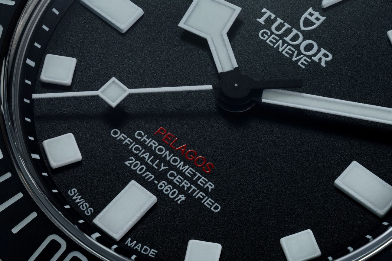 A close up of a Tudor Pelagos FXD watch face