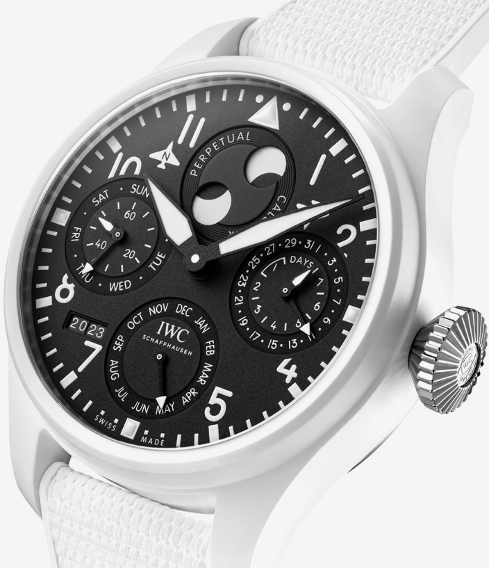Face view of the IWC Big Pilot White Ceramic Lake Tahoe Perpetual Calendar