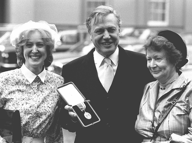 1985 – Attenborough with his wife Jane (right) and daughter Susan after being knnighted at Buckingham Palace (Associated Press)