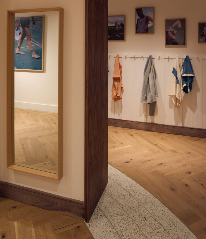 Tracksmith London store, on Chiltern Street, showcasing clothing and aspirational running imagery