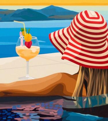 Will Martyr piece "Back to where we started" depicting a woman in a pool wearing a large red and white stripe hat