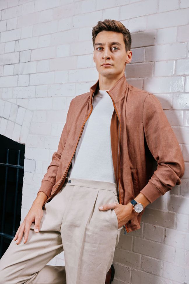 George Russell wears the IWC Portugieser Chronograph, Thom Sweeney with Edward Green shoes