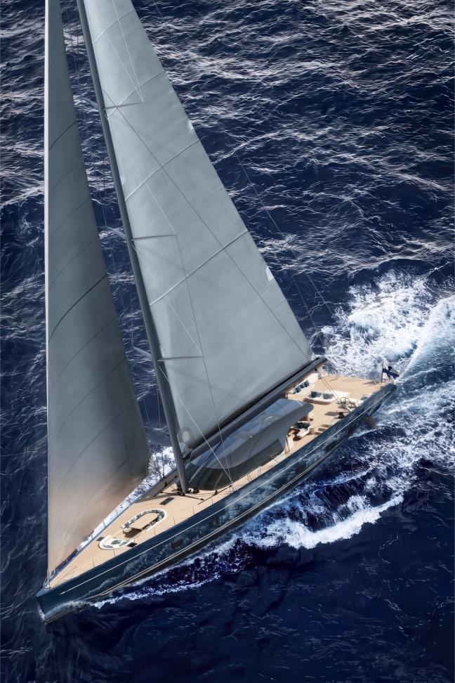 Malcolm McKeon’s design balances a 43.5-metre hull with a purposeful sailing silhouette.