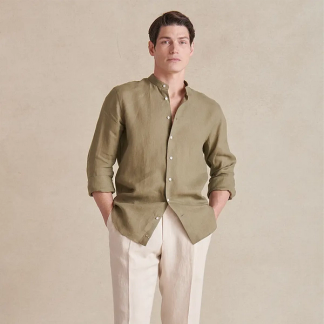 New & Lingwood Green Neckband Collar Standard Fit Linen Shirt