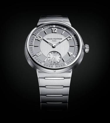 Watch face of the Louis Vuitton Tambour Automatic 40mm Steel watch on a black back drop