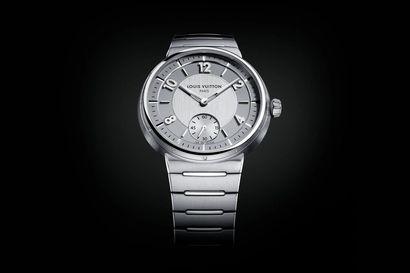 Watch face of the Louis Vuitton Tambour Automatic 40mm Steel watch on a black back drop