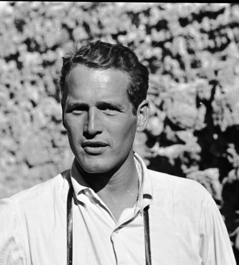 black and white photo of actor Paul Newman wearing a white shirt