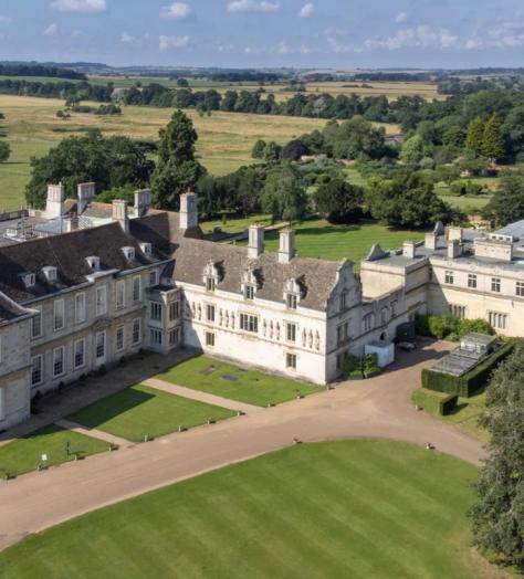 Aerial view of Stapleford Park Hall and its grounds