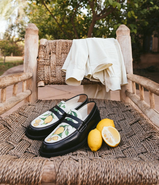 Duke and Dexter Wilde Lemon printed loafer on a chair