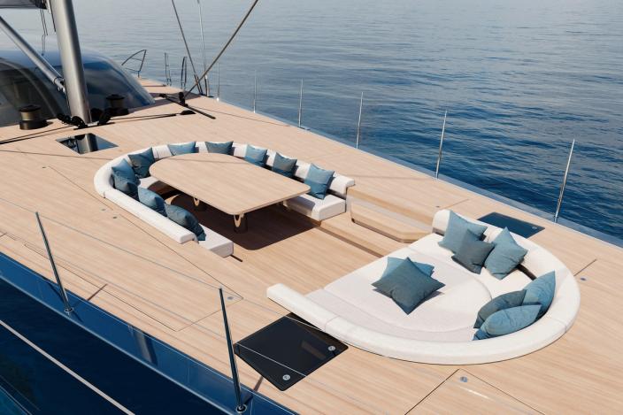 Malcolm McKeon’s deck design brings Swan’s sailing heritage to superyacht scale. Rendering.