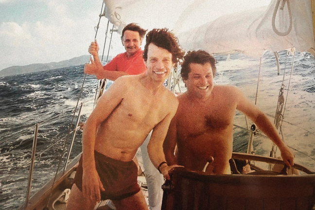Jann Wenner, sailing with Mick Jagger and Earl McGrath, Mustique, 1985