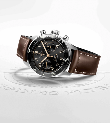 A Longines Spirit Flyback watch on its side