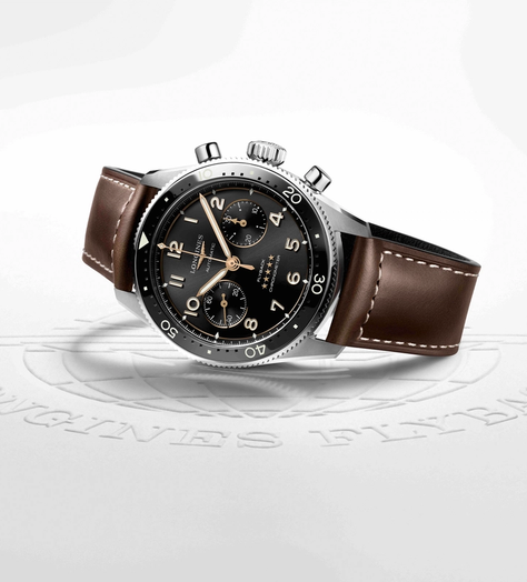 A Longines Spirit Flyback watch on its side