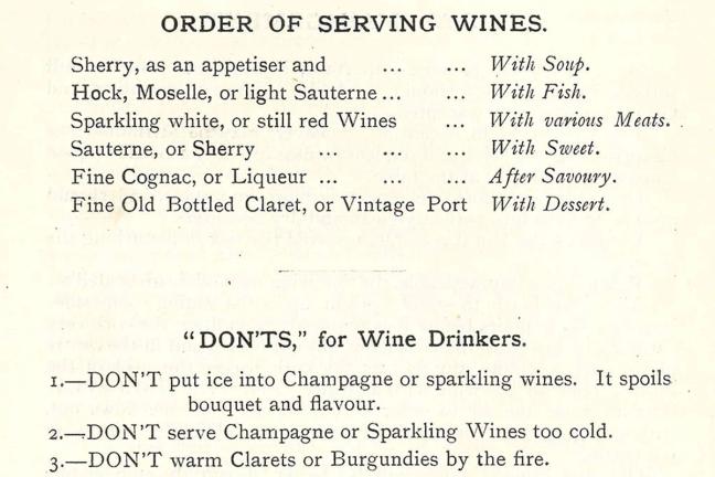Order of serving wines and "Don'ts" for wine drinkers page of the International Exhibition Co-operative Wine Society