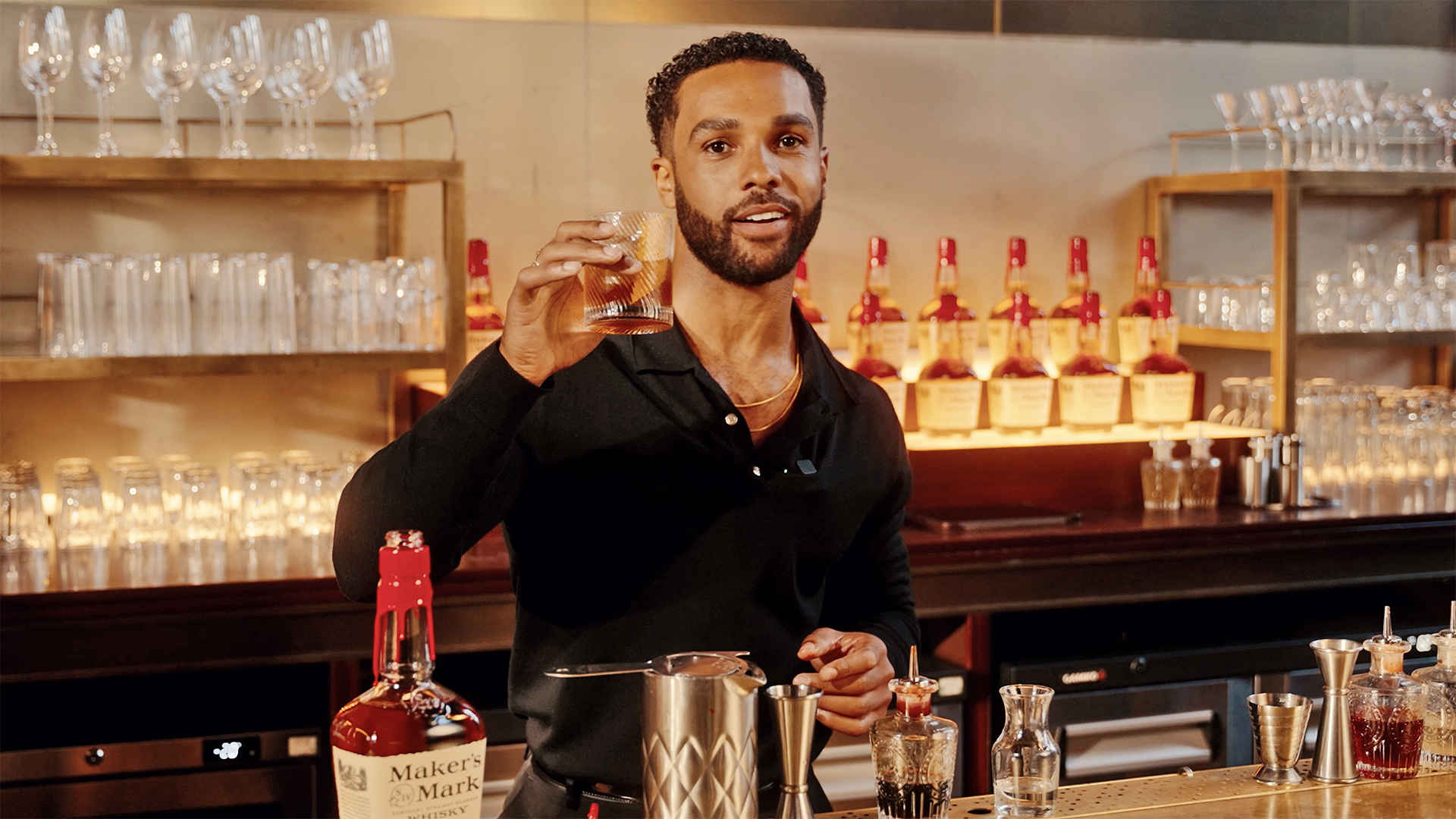 Lucien Laviscount mixes a Maker's Mark Classic Old Fashioned