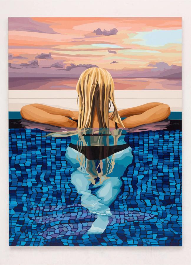 Will Martyr piece "I Fell in Love with this Feeling" depicting a woman resting on the edge of the pool looking out at the sunset