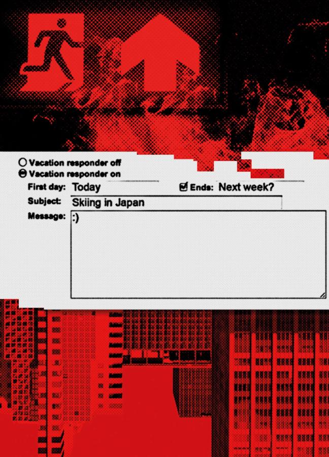 Black and white out of office for with Black and Red Fire exit sign, fire and city skyline in the background