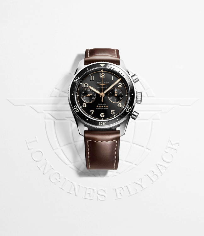 The front of a Longines Spirit Flyback watch with brown leather strap